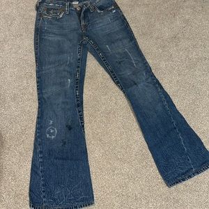True Religion Sz 27 distressed bootcut denim jeans. 29” inseam.